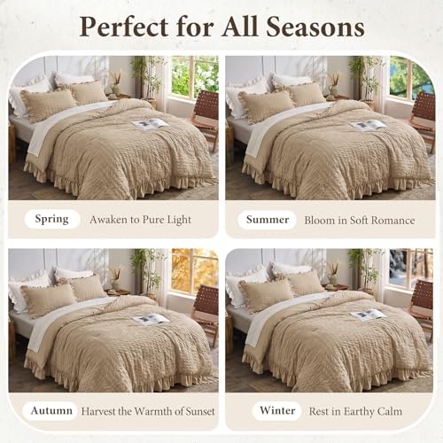 Image of JOLLYVOGUE King Size Comforter Set, 3 Pieces Khaki Seersucker Comforters King Size, Lightweight & Fluffy Bedding Sets King for All Season with 1 Ruffle Comforter and 2 Ruffle Pillowshams