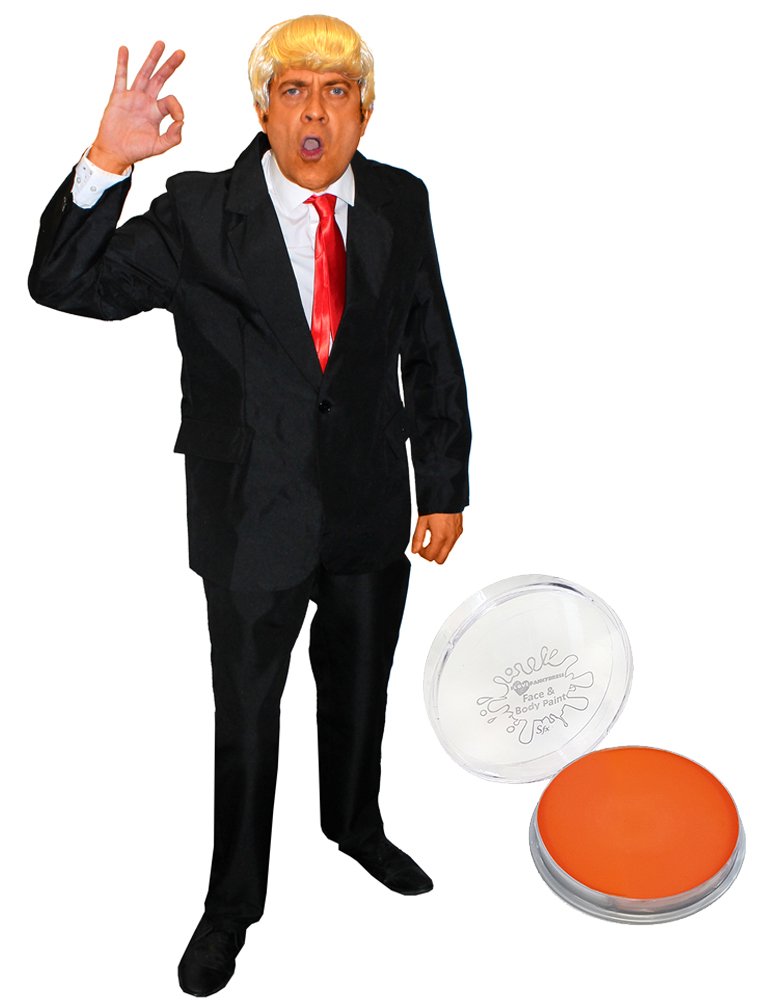 ADULTS USA PRESIDENT FANCY DRESS COSTUME - BLONDE COMB OVER WIG, RED TIE, BLACK SUIT AND ORANGE FACEPAINT - MENS COMMANDER IN CHIEF FANCY DRESS COSTUME (X-LARGE)