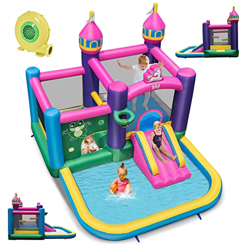 COSTWAY Château Gonflable pour Enfants, avec Toboggan Portable, Structure Gonflable Intérieur Extérieur avec Sac de Transport et Piquets de Château...