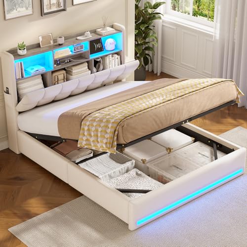 Polsterbett 140×200cm Hydraulisches Stauraumbett mit LED-Bleuchtung Jugendbett mit USB- und Type-C-Anschlüsse Doppelbett Bettgestell mit Holzlatten,...