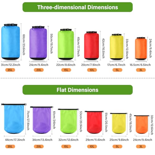 GliCraft 6 Pcs Waterproof Dry Bag Sack Lightweight Outdoor Dry Bags 35 L, 20 L, 15 L, 10 L, 5 L, 3 L Waterproof Boat Bag for Kayaking, Backpacking, Hiking, Camping Rafting(Fluorescent Color)