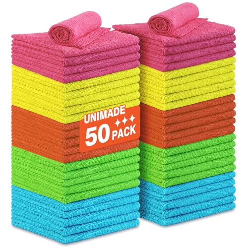 UNIMADE Microfiber Cleaning Cloth, 50PK Reusable Shop Rags Bulk Microfiber Cleaning Cloth Lint Free Cleaning Towels for Car Kitchen Automotive Bar Mechanic Restaurant Garage, 11.5