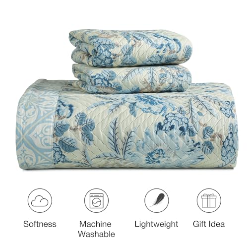 Image of Amazon Brand - Umi 100% Cotton Quilted /Ultrasonic 280 Tc Printed King Size Bed Cover /Bedsheet /Bedspread Comforter with 2 Pillow Shams /Cover, (Luxurious, 90 x100 inches, Blue & Beige)