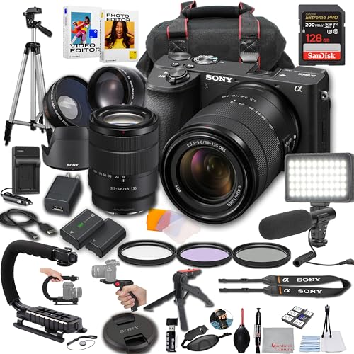 Sony a6600 APS-C Exmor CMOS Sensor, 24MP Mirrorless Camera with 18-135mm Lens,LED Light, Microphone, 128GB Extreme Speed, U-Grip, Filters, Tripod, Case, Software, & More – Pro Video Bundle (38pc)