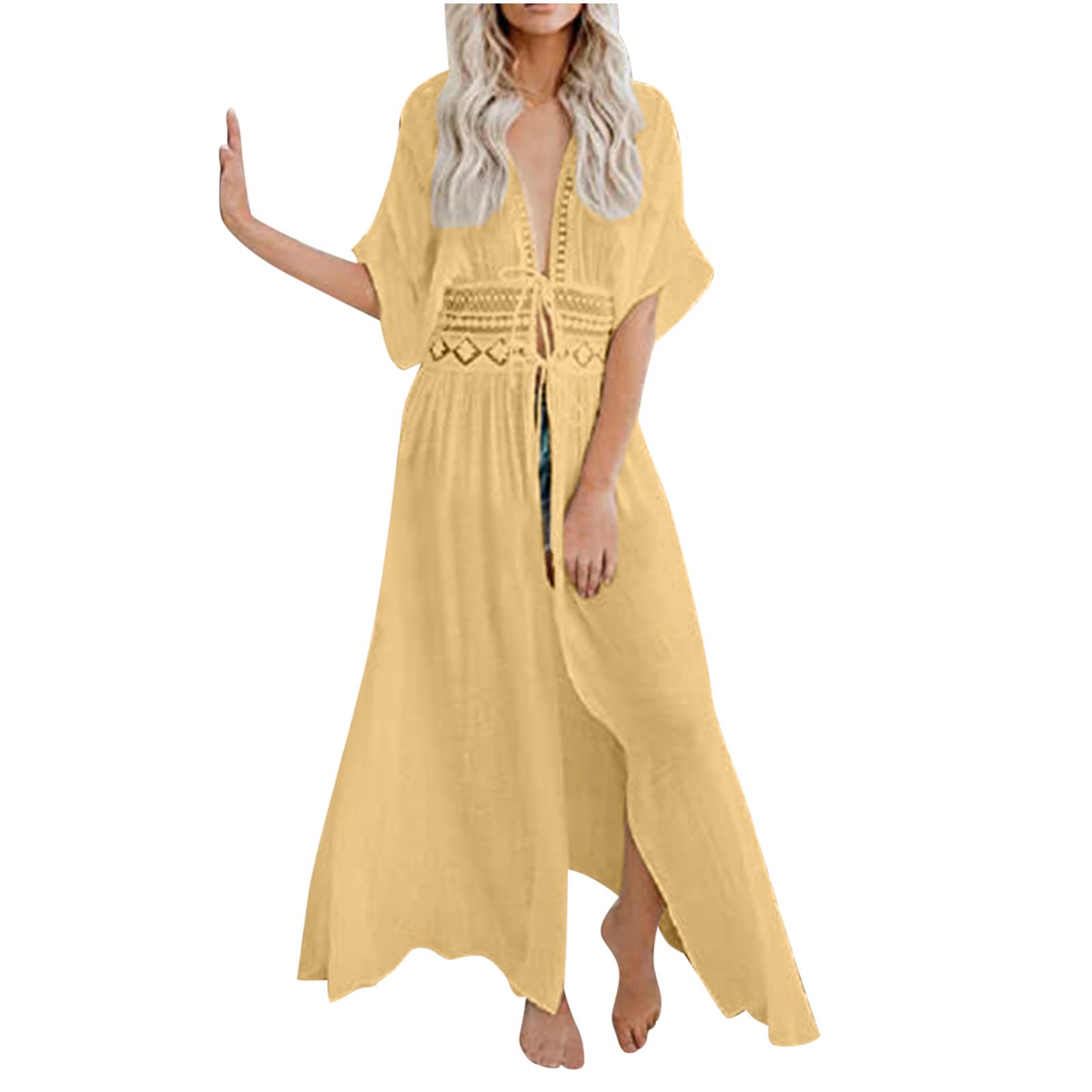 Generic Kimono de playa para mujer, salida de baño, salida de baño, kimono hawaiano con ojales recortados de encaje 2024