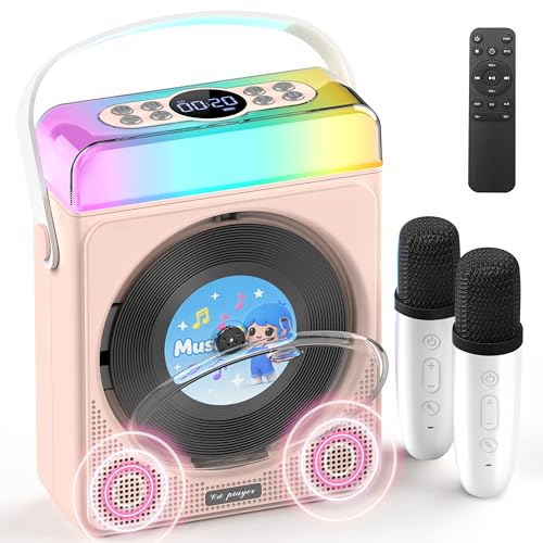 Image of Greadio Portable Bluetooth CD Player with 2 Karaoke Microphones & Lights | 4000mAh Rechargeable, Kids Karaoke Machine for Home, Outdoor, Parties, Simple Controls, Remote, CD /USB /TF /AUX Playback (Pink