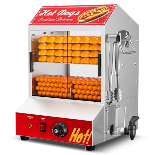 Hot Dog Steamer Machine, 28.5QT/27L, 2-Tier Electric Hot Dog Steamer with Bun Warmer, Adjustable Temperature, Hot Dog Hut Steamer with Visible Glass Sliding Door