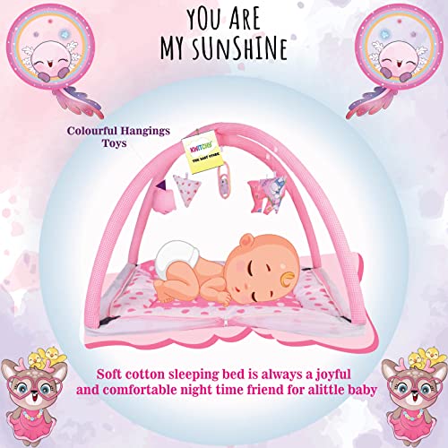 Image of Kwitchy Baby Bedding Set New Born Baby Bed | Mattress | Mosquito Net | Play Gym | Playmats | Floor Gym | Cotton | Infants | Gift Pack | Bed with Hanging Toys (0-6 Months) Pink
