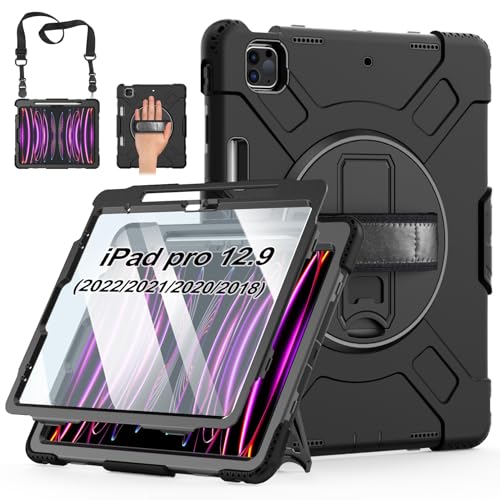 Case for iPad Pro 12.9 2022/2021/ 2020/2018: Cover for iPad Pro 12.9 6th/ 5th/ 4th/ 3rd Generation with Screen Protector- Stand- Pencil Holder- Handle- Shoulder Strap Black by Miesherk STOCK - Used condition - US$23.42