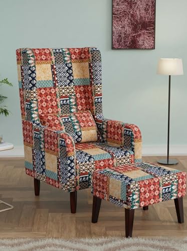 Image of WELL KNOWN Wooden Wing Chair with Ottoman Stool | Wingback for Living Room | High Density Foam | Accent Chair for Seating, Home Decor Furniture | (Marwadi Print, with Ottoman)