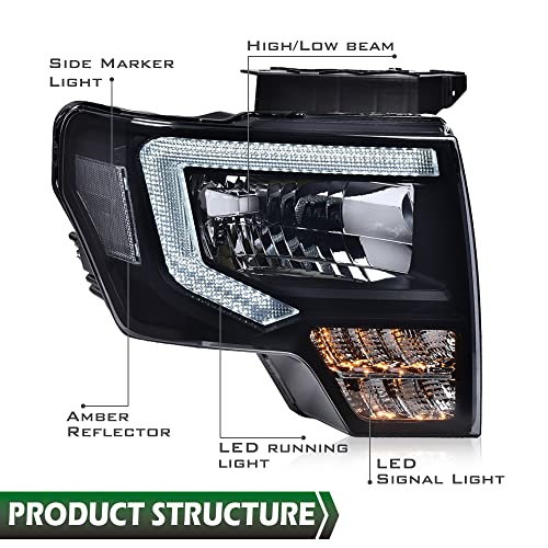 Image of GRAND ORANGE LED DRL Headlight Assembly, Compatible with Ford F150 2009-2014, Left Driver & Right Passenger Side 2PCS, Headlamps Smoke Lens Black Housing Clear Reflector, FO2503289 DL3Z13008EC