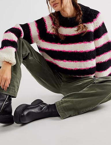 Image of Yeokou Women Stripe Pullover Sweater Turtleneck Ribbed Knit Top Casual Fall Winter Chunky Knitwear