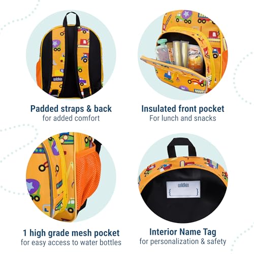Image of Wildkin 12 Inch Backpack, Includes Insulated, Food-Safe Front Pocket and Side Mesh Water Bottle Pocket, Perfect for Preschool, Daycare, and Day Trips, Olive Kids Design - Under Construction