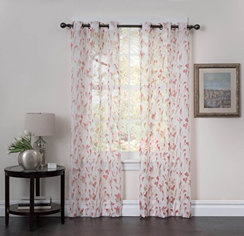 Window Curtains - Set of Two Sheer Floral Print Grommet Panels 38"x 84" - BUY ONE, GET ONE 50% OFF