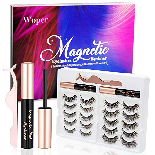 Woper Magnetic Eyelashes with Eyeliner, 10 Pairs Natural Look Reusable False Magnetic lashes Kit with Tweezers, 2 Tubes Long Lasting Waterproof Magnetic Eyeliner, No Glue Needed