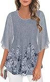 Material and Design: 95% Polyester+5% Spandex, double layer mesh shirts, sheer design overlay the sleeveless tank top underneath which will not see through, inner top fabric is a t-shirt like material, soft and comfortable, 3/4 length split sleeves a...
