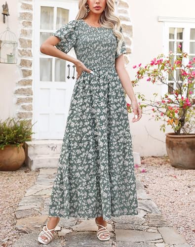 Image of Kranda Women 2025 Summer Fall Crewneck Short Sleeve Smocked Floral Maxi Dress