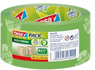 tesapack Eco & Strong - Environmentally Friendly Packing Tape Made of 100 % Recycled Plastic, UV-Resistant and Age-Resistant - Green Printed - 66 m x 50 mm