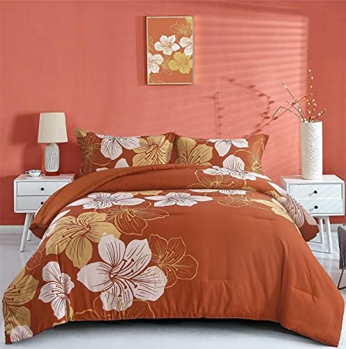 Menghomeus Queen Terracotta Floral Comforter Set - Soft Comforter Botanical Bedding Sets - Burnt Orange Bed Set Lightweight Boho Bed Comforter Set for Women Adults Teens (1 Comforter, 2 Pillowcases)