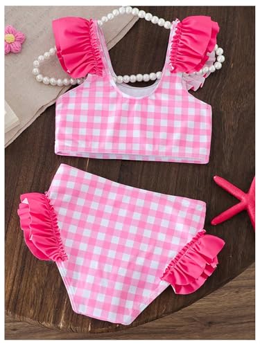 Verdusa Girl's 2 Piece Gingham Plaid Bikini Set Ruffle High Waist Swimsuit Bathing Suit2