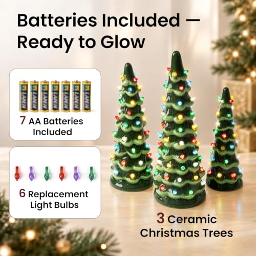 Cordless Lighted Ceramic Christmas Tree Set of 3 Pre-Lit Green - Image 3