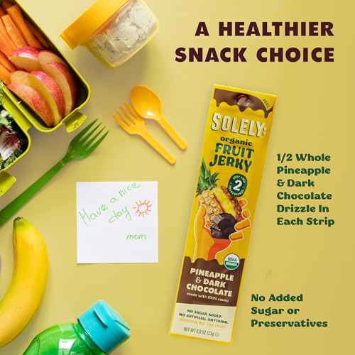 Image of SOLELY - Organic Pineapple Chocolate Drizzled Fruit Jerky - 12 Individually Wrapped Strips - Fruit Leather Made from Dried Fruit - Healthy Snacks for Adults & Kids - Vegan, Non GMO - 0.8oz (23g)