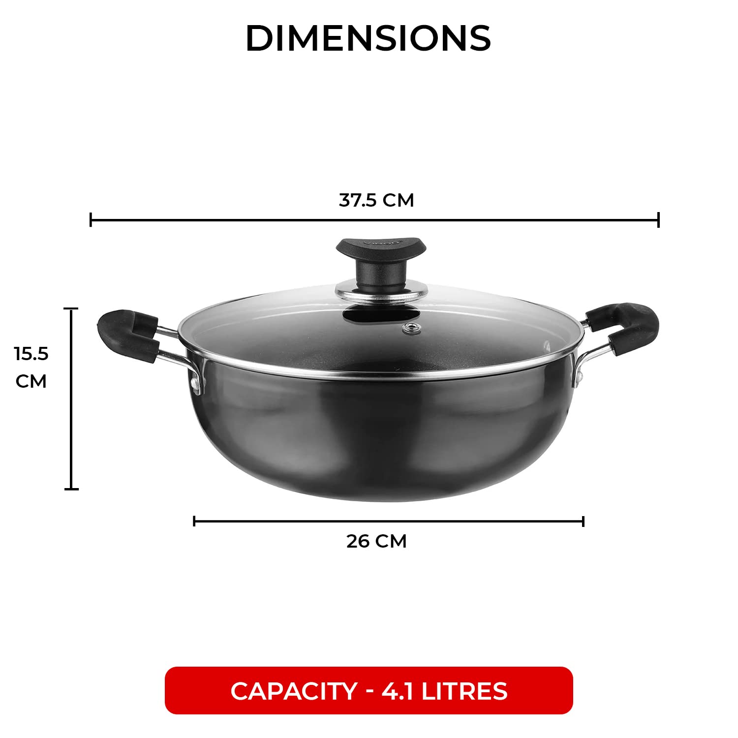 Vinod Black Pearl Hard Anodised Deep Wok Kadai with Glass Lid Frypan Size - 26 cm (Capacity 4.1 litres) (Gas Stovetop Compatible)