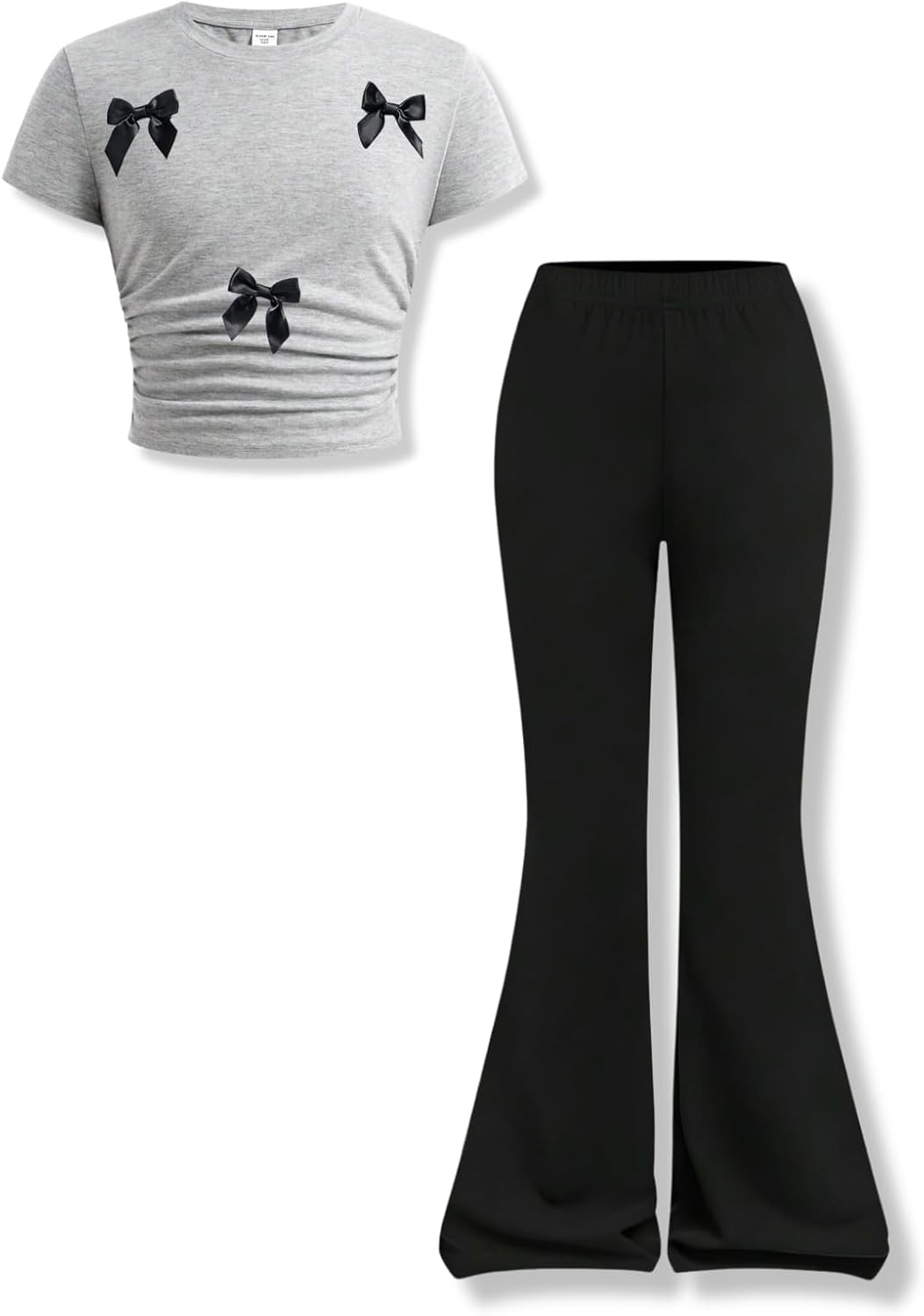 Klyatpxoen Girls Clothes 2 Piece Short Sleeve Lace Bow Print Tops Flared Pants Set Little Girl Outfits Size 7-14