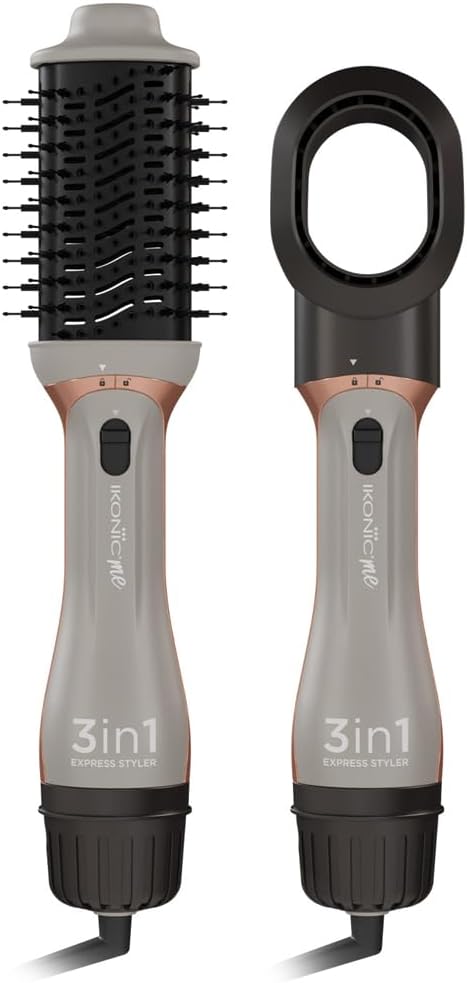 Ikonic 3 in 1 Express Styler Grey, Professional Volumizer Blow Dryer 1200W Hot Air Brush for Women Innovative Air Flow Vents Mixed Styling Bristles Ceramic Titanium Tourmaline-Coated Brush Head