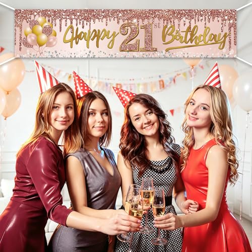 Image of Excelloon 21st Birthday Banner Decorations for Her, Pink Rose Gold Happy 21 Birthday Yard Banner Party Supplies, 21 Year Old Girls' Womens' Bday Background Sign for Outdoor Indoor