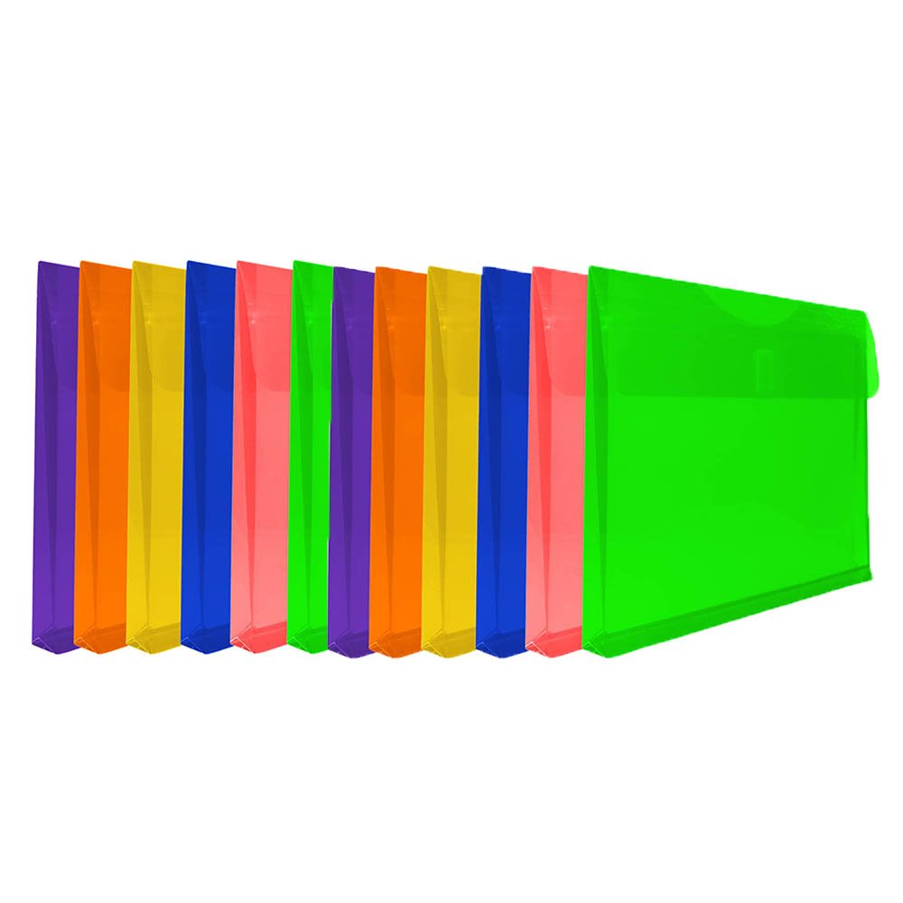 JAM PAPER Plastic Expansion Envelopes with Hook & Loop Closure - Letter Booklet - 9 3/4 x 13 with 1 Inch Expansion - Assorted Colors - 12/Pack