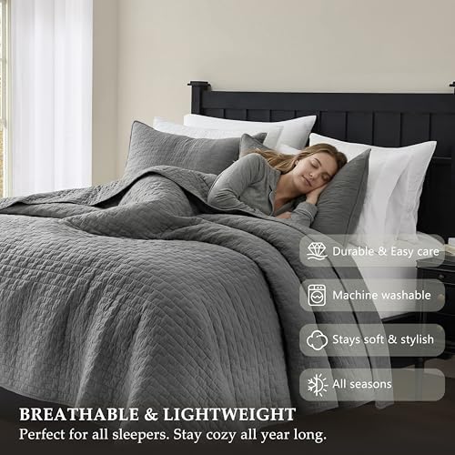 Image of palassio Dark Grey 100% Cotton Quilt King Size Bedding Sets with 2 Pillow Shams, Textured Lightweight Soft Bedspread Shabby Chic Coverlet, Quilted Comforter Bed Cover for All Season, 3 Pieces