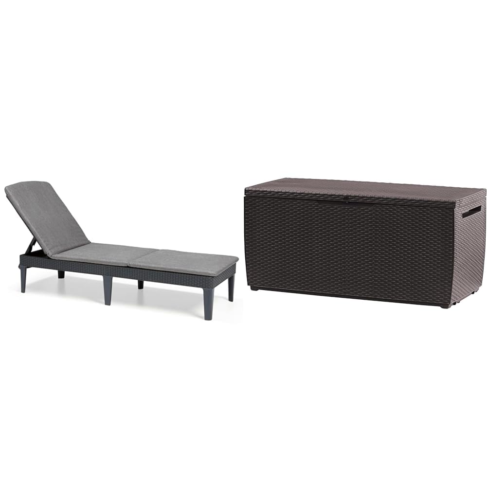 Keter Jaipur-Tumbona de Jardín Plegable, para Exterior Ideal terrazas, Patios, Jardines, con cojín Incluido, Color Gris & Capri - Arcón Exterior, Baúl almacenaje, Capacidad 305L, Resina, Color marrón