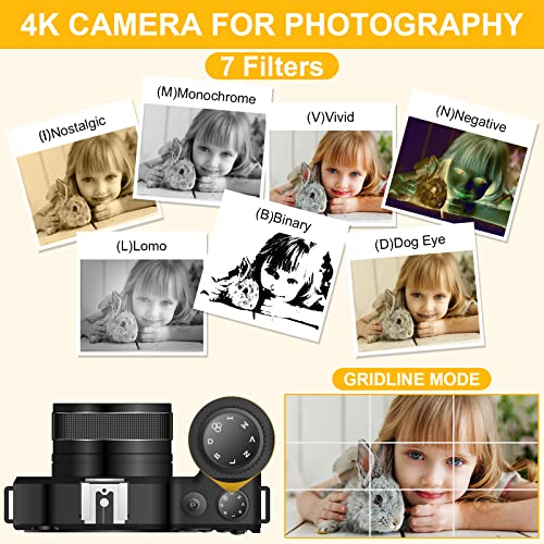 KANORLEEY デジタルカメラ4K 48MP ビデオブログカメラ YouTube用 64GB TFカード 揺れ防止 オートフォーカス 18倍デジタルズームカメラ 写真撮影用 WiFi、3インチIPSスクリーン、バッテリー2個(ブラック)