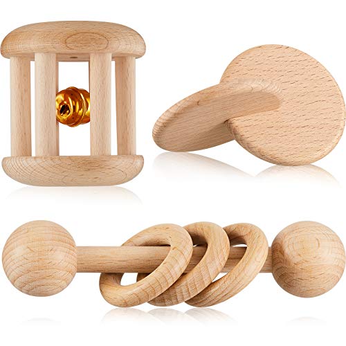 Image of 3 Pieces Wooden Rattle Wood Bells Rattles Beech Wooden Interlocking Discs Montessori Toys Wood Teether Toys Nice Present for Boys and Girls Birthday Party Favor