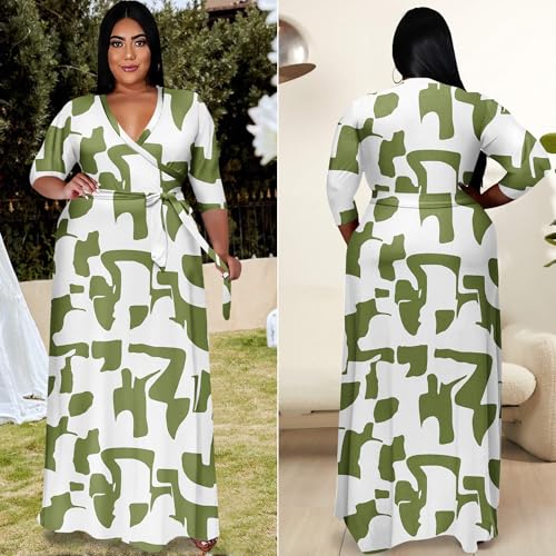 Image of Runwind Plus Size Dresses for Women Floral Maxi Dress Flowy 3 /4 Sleeve with Belt