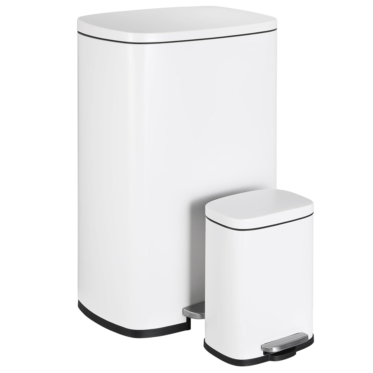 LIFERUN Mülleimer 50l + 5L, 2er Set Abfalleimer aus Stahl mit Softclose Deckel, Abnehmbarer Inneneimer, Geruch isolieren, Großer und Klein Tretmülleimer Set für Küche, Badezimmer, Büro, Weiß