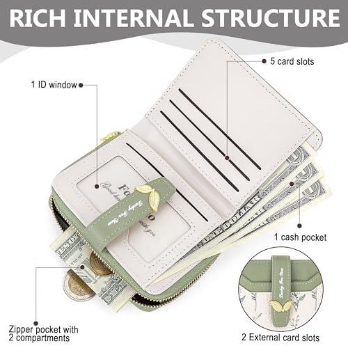 Image of Farcauo Cute Green Flower Wallet for Women Small Kawaii Coin Purse with ID Window Compact Lightweight and Stylish Design Cash Wallet for Ladies