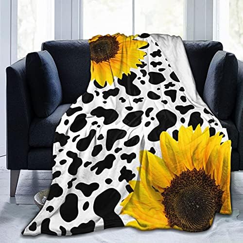 Cow Print Sunflower Flannel Fleece Blanket Ultra-Soft Cozy Plush Blanket Air Conditioning Blanket Throw Blanket Microfiber Blankets for Bed Couch Chair Car Living 60"x50"