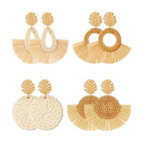4 Pairs Rattan Earrings Big Lightweight Geometric Statement Tassel Woven Bohemian Earrings Handmade Straw Wicker Braid Hoop Drop Dangle Earrings for Women Girls