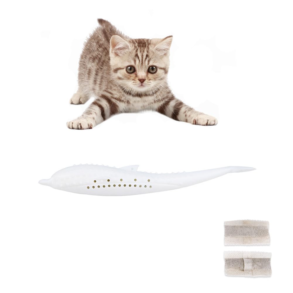 AKOAK Cat Toothbrush, Catnip Toys, Soft and Durable Silicone Cat Chew Toys Easy to Clean and Bite Resistant Fish-Like Interactive Toys, Pack of 1 (White)