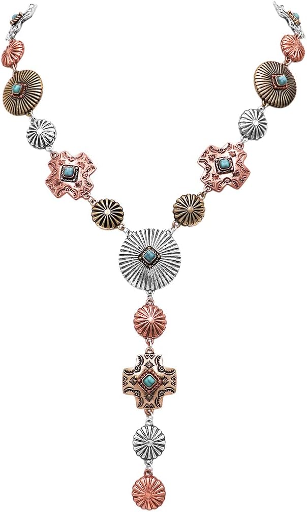 Rosemarie & Jubalee Women's Stunning Tri Toned Western Conchos With Semi Precious Turquoise Howlite Stone Y-Drop Collar Necklace, 17"+3" Extender