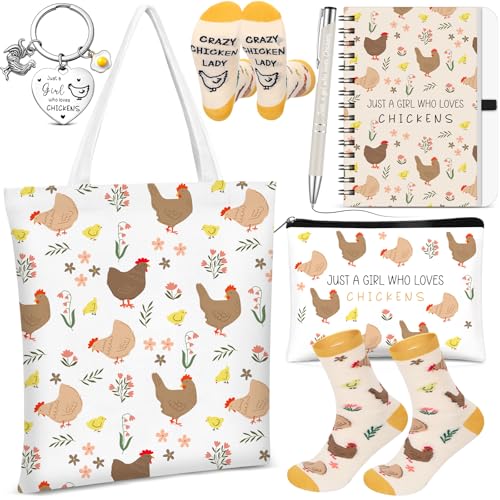Gilprop 6 Pcs Funny Chicken Gift Shopping Tote Bag Keychain Cosmetic Bag Spiral Notebook Ballpoint Pen Socks Just a Girl Who Loves Chickens Birthday Christmas Gift