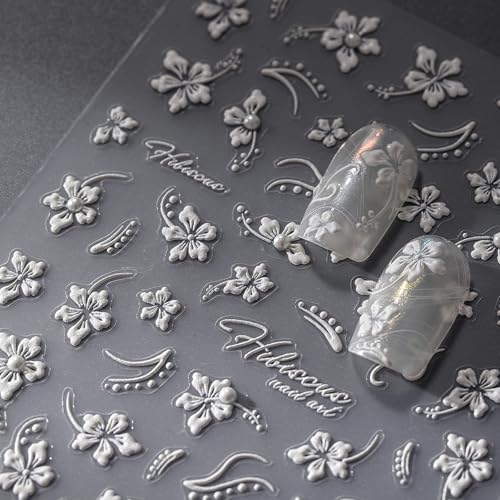 White Hibiscus Flower Nail Stickers - Floral Nail Art Charms