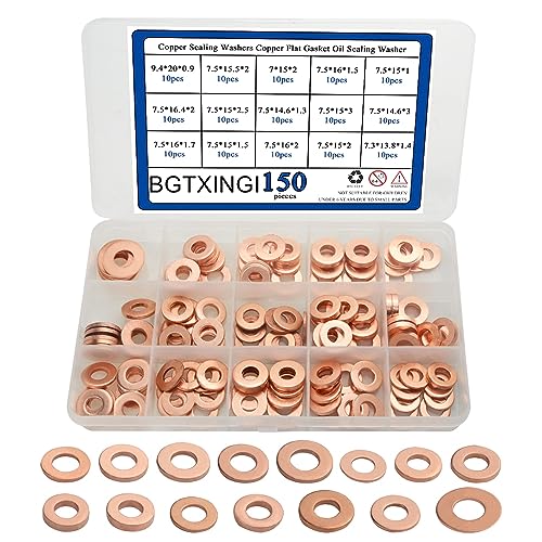 BGTXINGI 150Pcs 15 Kinds Copper Sealing Washers Copper Flat Gasket Oil Sealing Washer Box, 16.4 millimeters