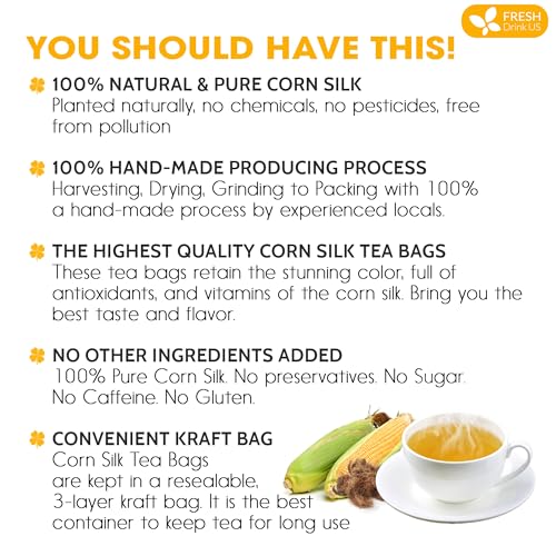 Image of FreshDrinkUS, Premium 40 Tea Bags Corn Silk Tea, 100% Natural & Pure from Corn Silk. Corn Silk Herbal Tea. Clean Ingredients. Made with Eco-ConsciousTea Bags. No Sugar, No Caffeine, Vegan.