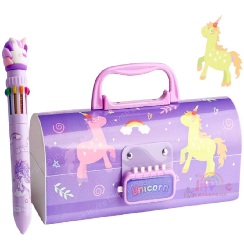 Image of WORSHIPER Cartoon Theme Pencil Box for Kids | Suitcase Style Password Lock Stationery Organizer | Multi-Layer Pen & Pencil Case for Boys & Girls (Put - Purple Unicorn)