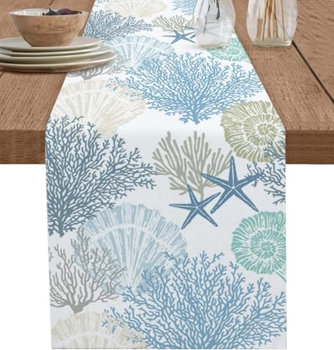 Chemin de table rectangulaire en coton et lin corail – Thème d'été, plage, étoiles de mer,...