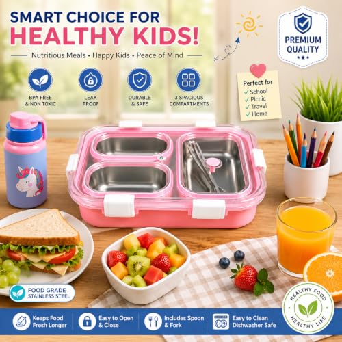 Image of Stainless Steel Lunch Box 3 Compartment with Spoon Leakproof Tiffin Box for Kids Adults Office School | Food Grade Rust Free Metal Dabba Storage Container Pink