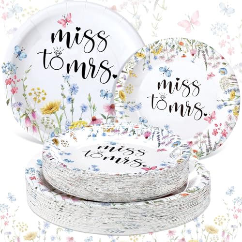 Roshtia 100 Pcs Miss to Mrs Wedding Paper Plates 7 Inch 9 Inch Wildflower Disposable Plates Set for 50 Guests Bridal Shower Decorations for Wedding Engagement Bachelorette